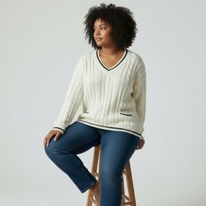 TALBOTS White Tennis Sweater 3X Petite Cable Knit V-Neck Preppy Varsity Prep